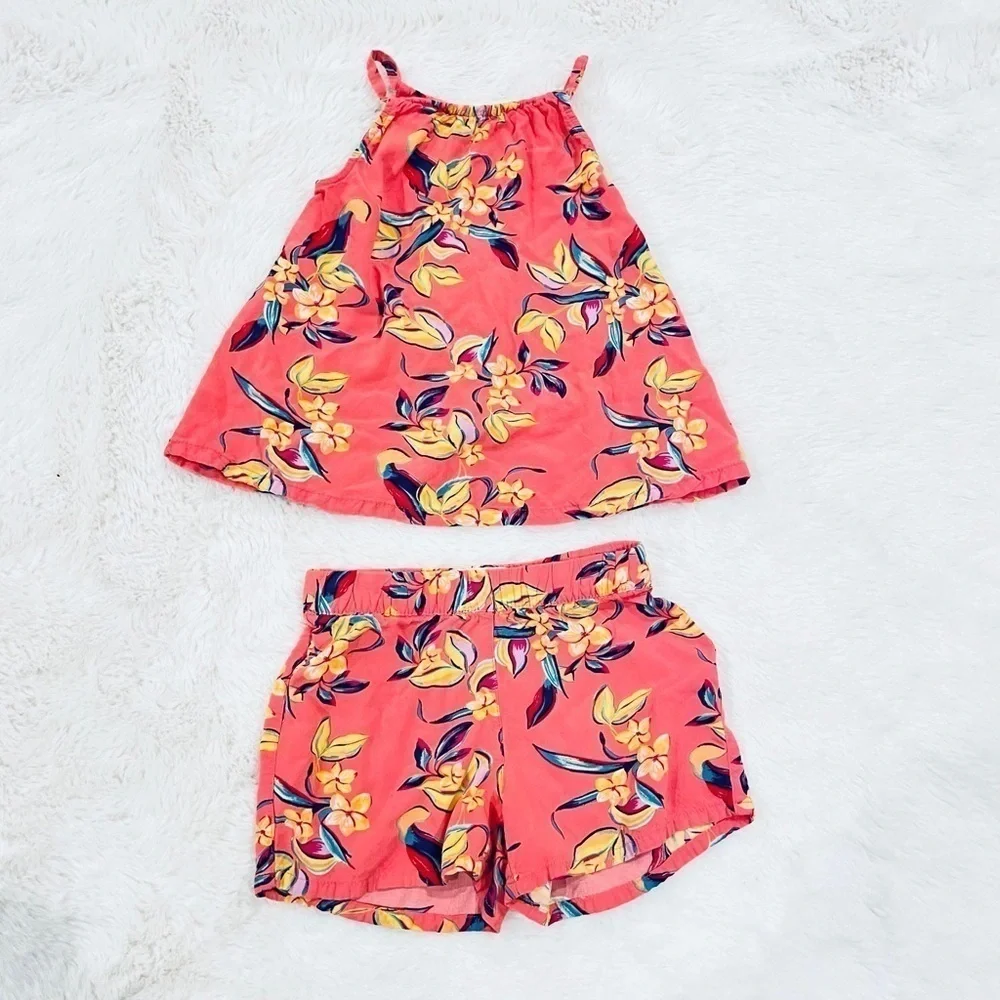 Old Navy Sleeveless A-Line Coral Tropical Floral Top & Shorts Set Toddler Girls
